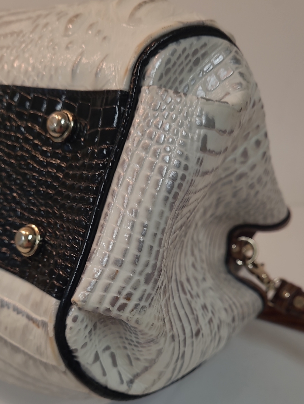 Brahmin White/Silver Croc-Embossed Hobo Satchel with Brown/Black/Gold Tone Trim - Picture 9 of 16